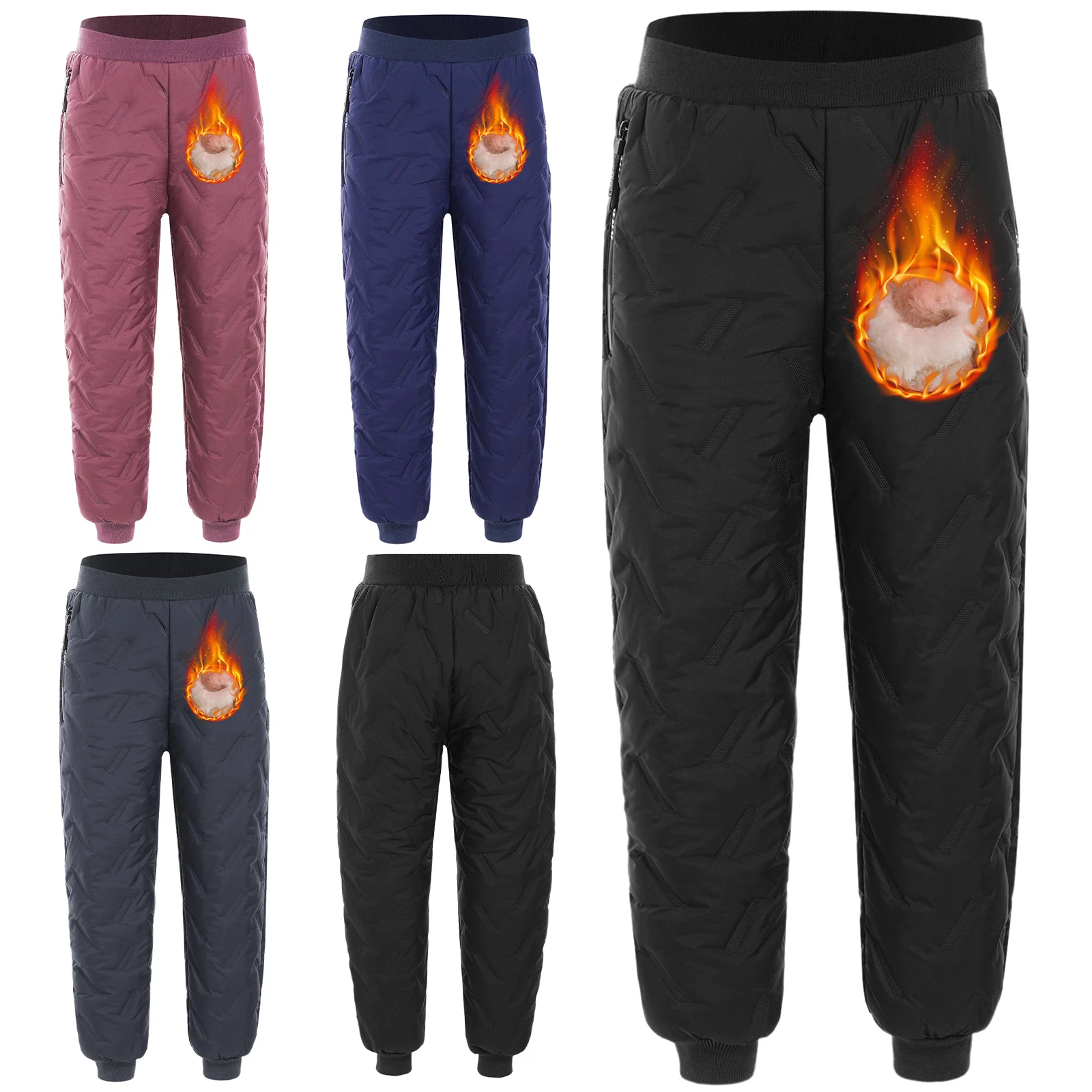 Pantaloni da jogging in pile attivi per bambini e ragazzi con tasche con cerniera Pantaloni da neve in pelle Pantaloni sportivi caldi invernali