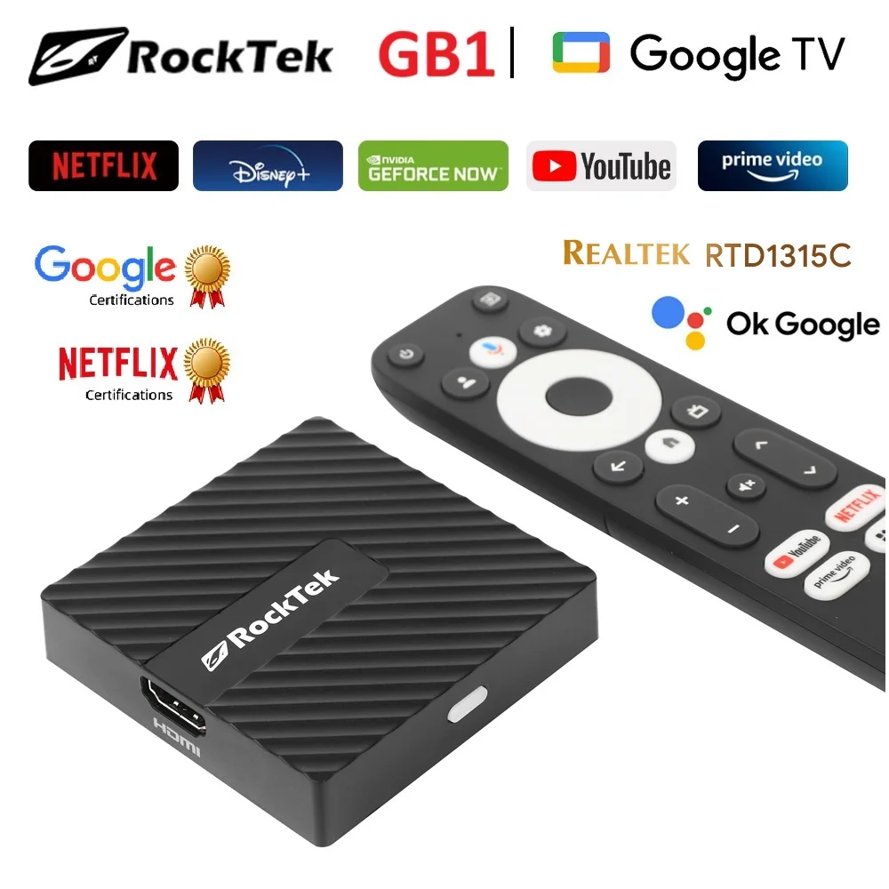 RockTek GB1 TV Dongle Netflix Google Certified 2GB DDR4 16GB eMMC Realtek1315C A55 Support Dolby Atmos Vision 2T2R Wifi BT5.0