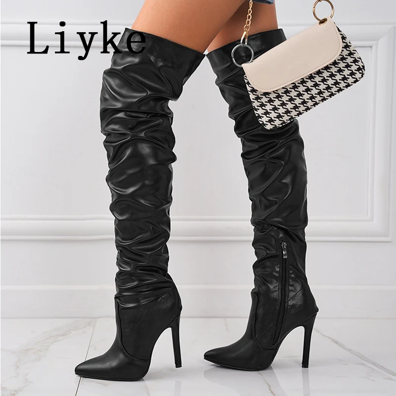 Liyke 2024 New Fashion Design Pleated Leather Over The Knee Boots Women Sexy Pointed Toe Stripper Heels Zip Long Shoes Size 42