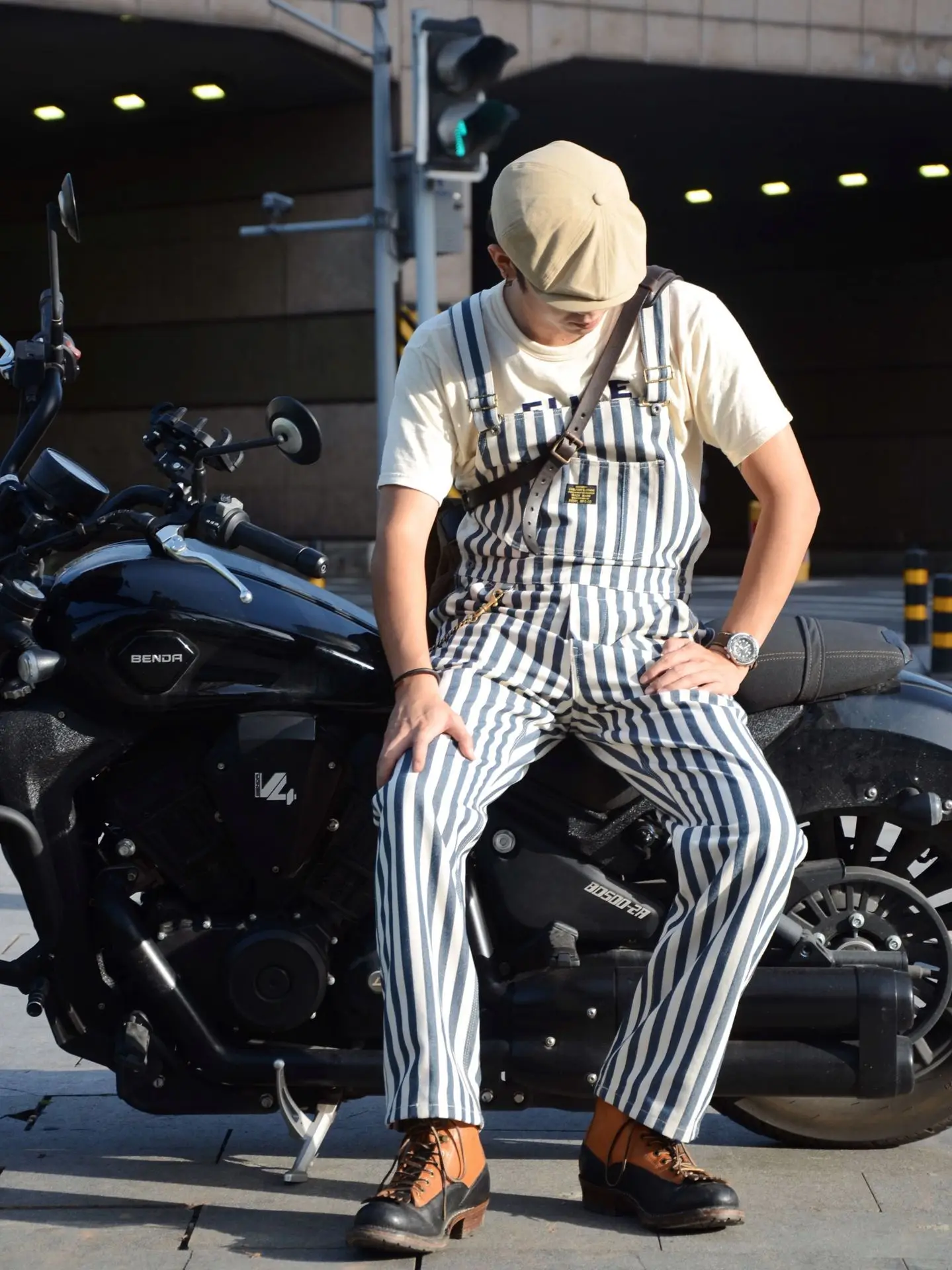 

Men's American Retro Striped Motorcycle Denim Overalls Classic Fit Workwear Pants