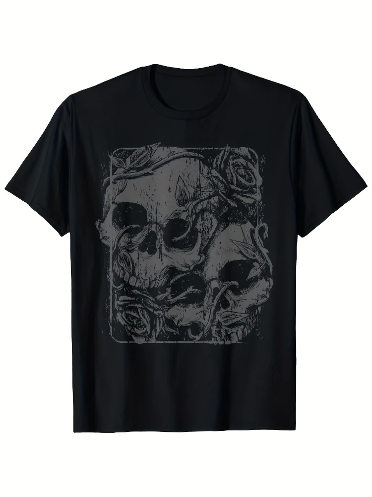 Goth Punk Skull & Roses Graphic-Black & White Mycologist Art Design-100% cotton O-neck short sleeve printed men's T-shirt.