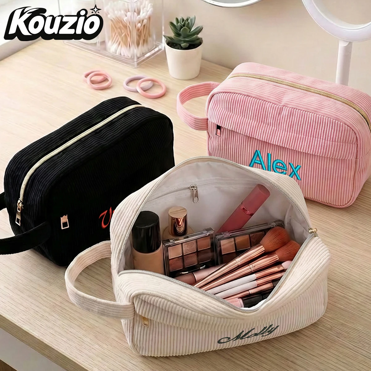 Custom Name Embroidered Corduroy Shell Makeup Bag, Personalized Zipper Cosmetic Pouch, Travel Organizer Gift for Women Girls