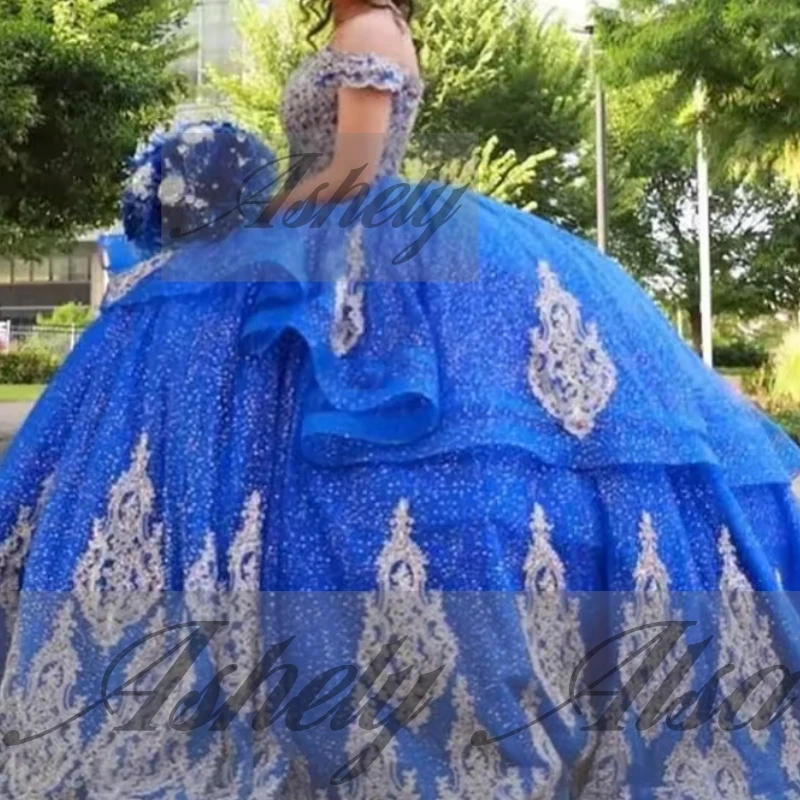 A1514 luxe mexicain bleu femmes robe de fête d'anniversaire Cap manches dentelle Applique robe de bal bal Quinceanera 15 16 14 nouveau personnalisé