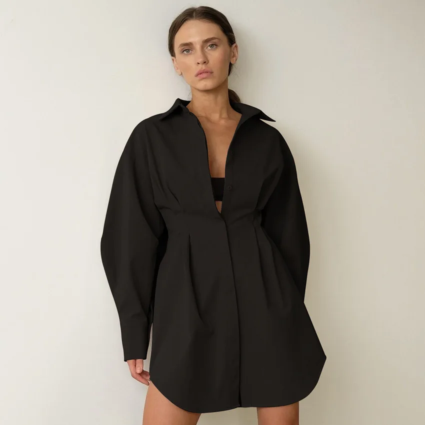 2025 primavera feminino camisa francesa vestido cintura temperamento fino manga longa magro retro nicho vestido