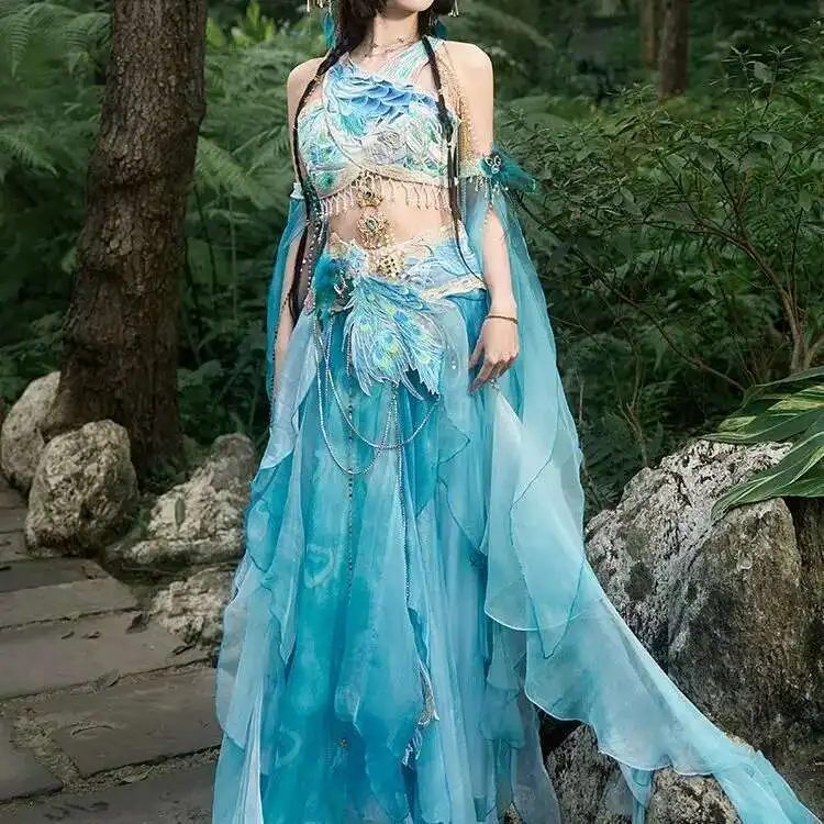 Chinese Elements Fairy Cosplay Costume Hanfu Female Exotic Dancewear Peacock Blue Dress Exotic Mermaid Princess Embroidery Dress - view 6