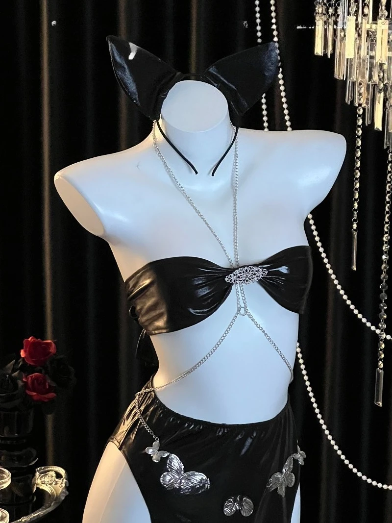 섹시하고 우아한 성숙한 여성 스타일의 에나멜 가죽 스트랩리스로 몸매를 돋보이게 하며, 가슴 체인 여신 유니폼, 커플 데이트 나이트웨어