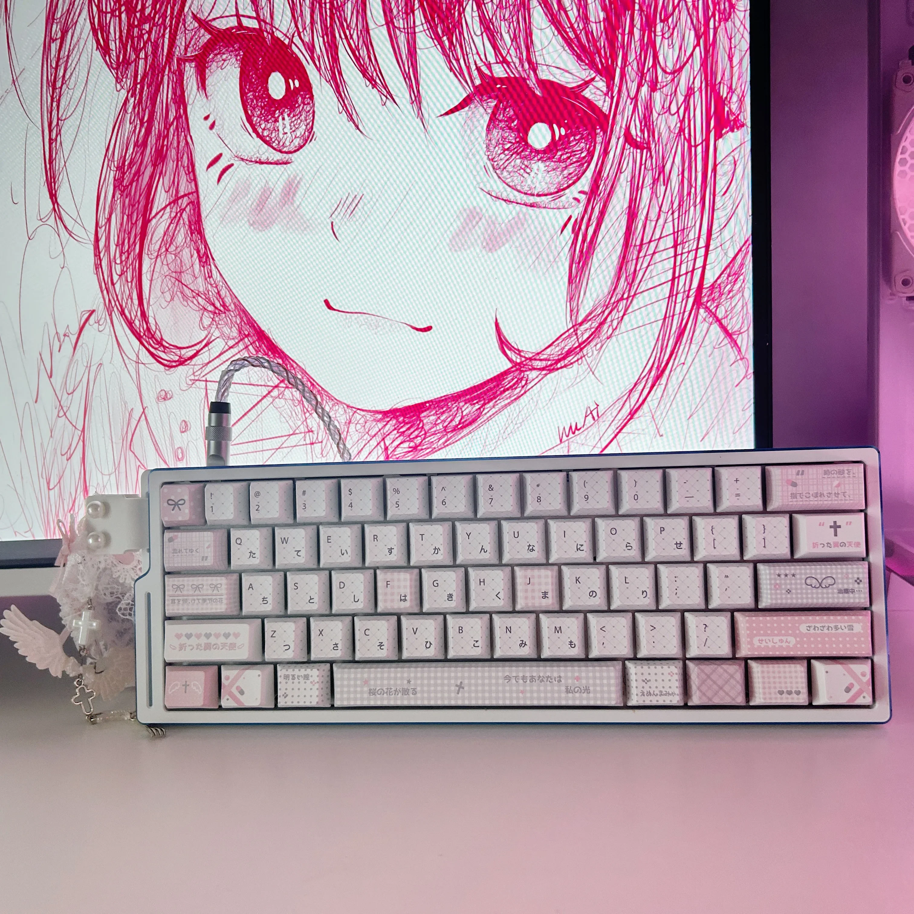 

Healing Angel, Pink Simple Keycaps Hot Sublimation Japanese White Personalized Keycaps PBT
