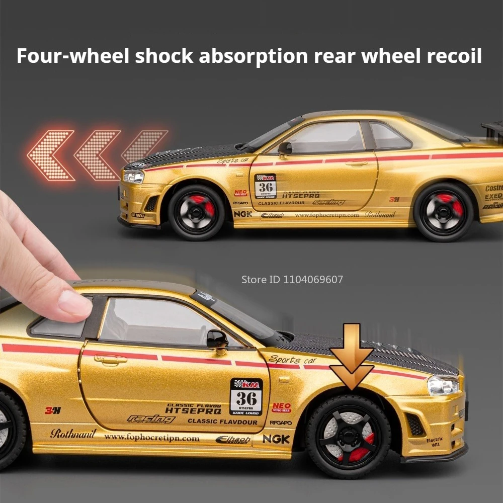 1:24 Alloy GTR-R34 EVO9 Models Cars Diecast Toys Doors Opened Miniature Supercar Wheels Turned Vehicles for Kids' Edutainment