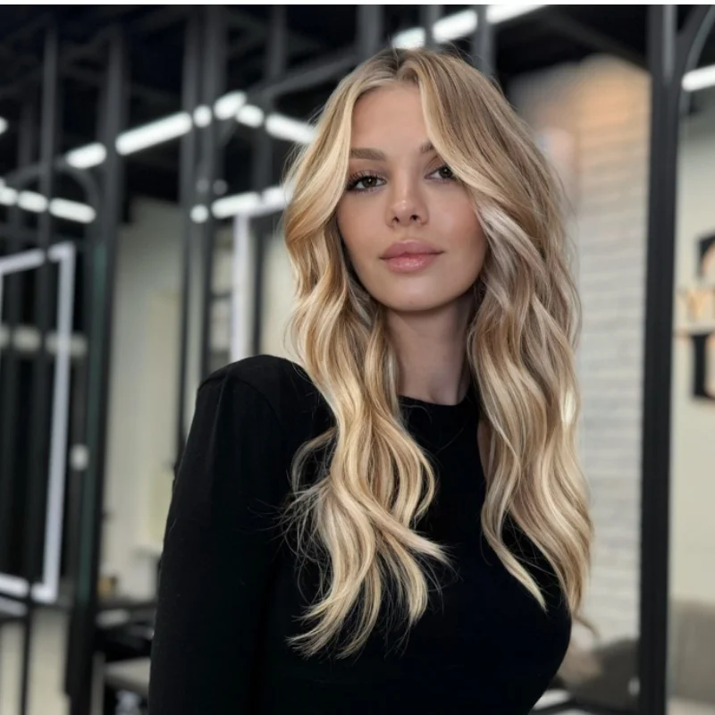 

Middle Part Light Champagne Blonde Mix Ash Brown Lace Front Wig Wavy 13x4 Synthetic Natural Hairline Comfortable Handmade Wig