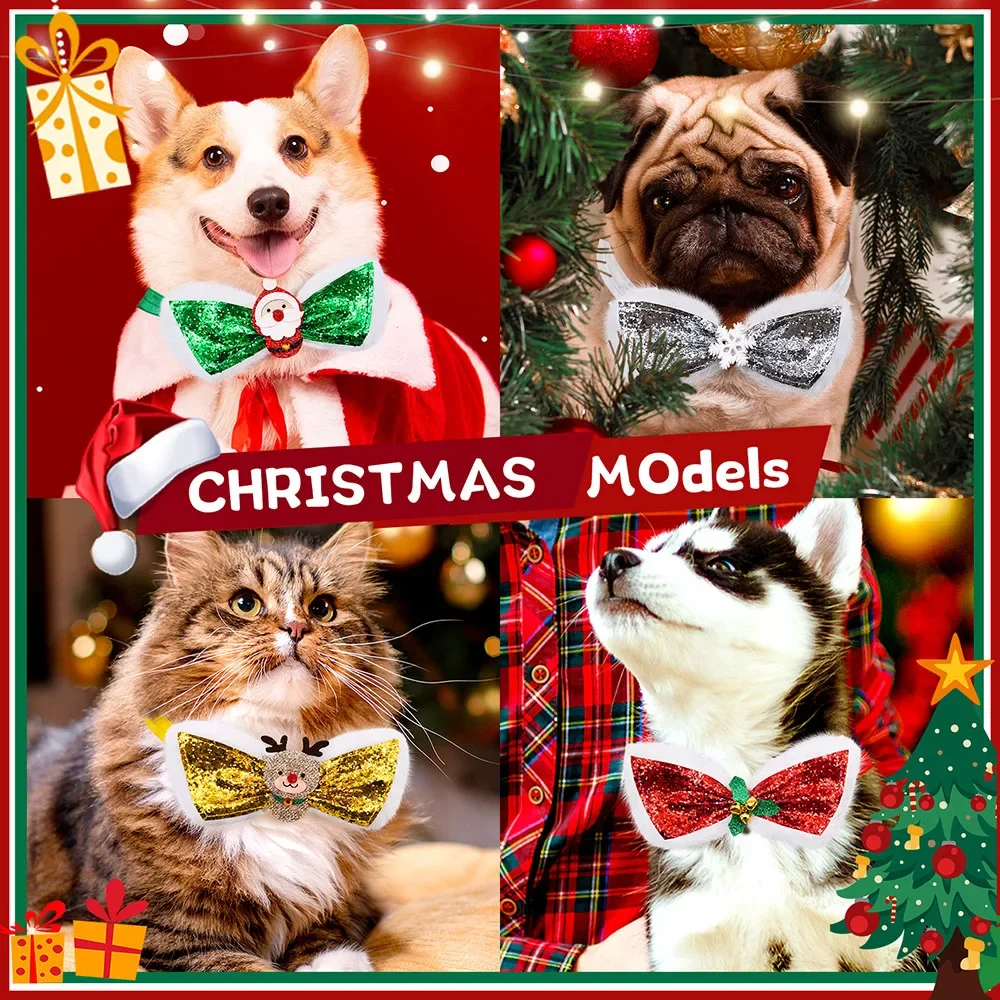 30PCS Christmas Dog Bowties Sequin Elastic Band Small-Middle Pet Bow Tie Collar For Christmas Dog Grooming Dogs Pets Accessories