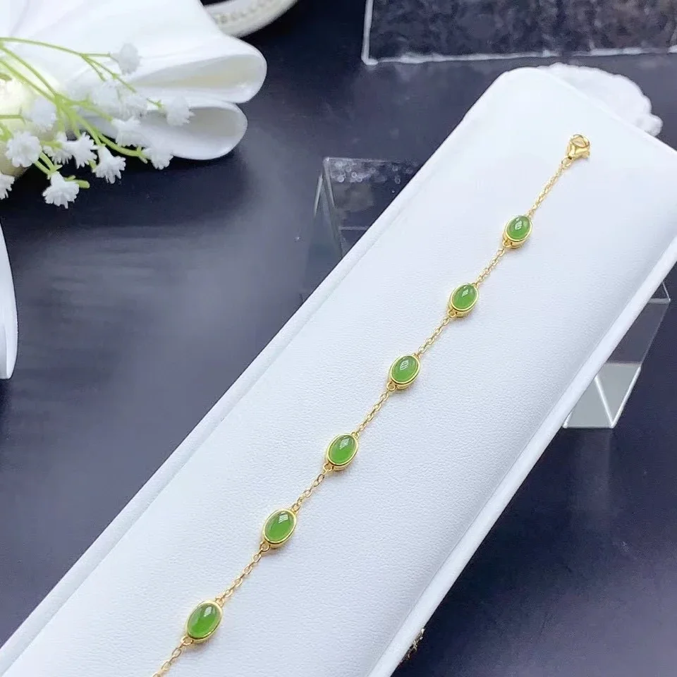 Pulseira de jade de prata 925 fina para férias, verde natural, chapeamento de ouro 18k, 4mm * 6mm, 3.5ct total, moda