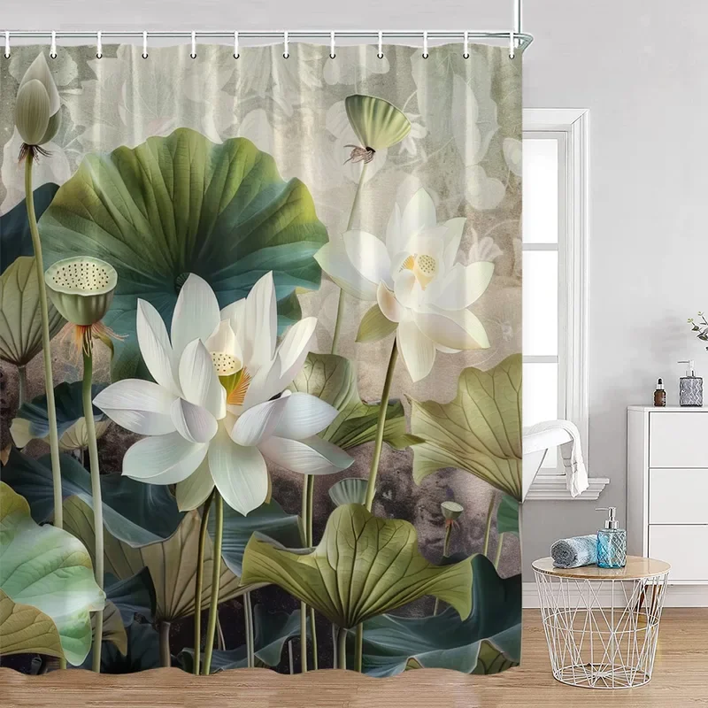 Lotus Flowers Shower Curtain Green Leaves Plant White Floral Chinese Style Home wall hanging Bathroom Curtains Decor with Hooks