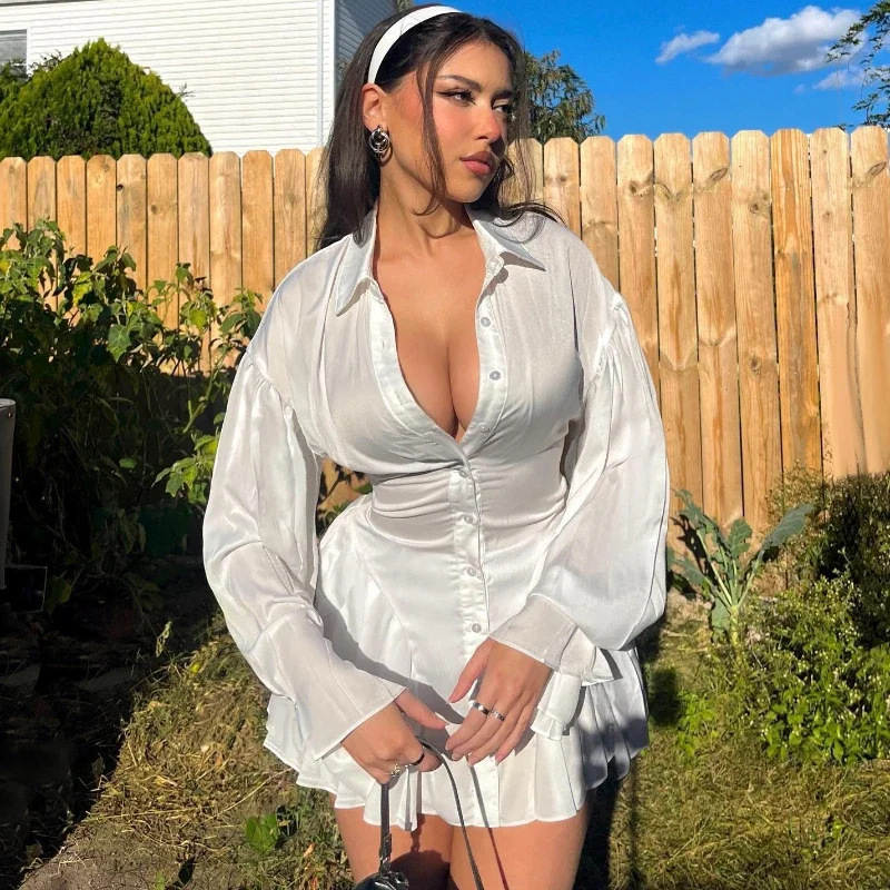 

Fashion Shirt Collar Pleat Dress Woman's Solid Sexy Slim Button Long Sleeve Mini Dress 2025 Autumn New Party Club Outfits