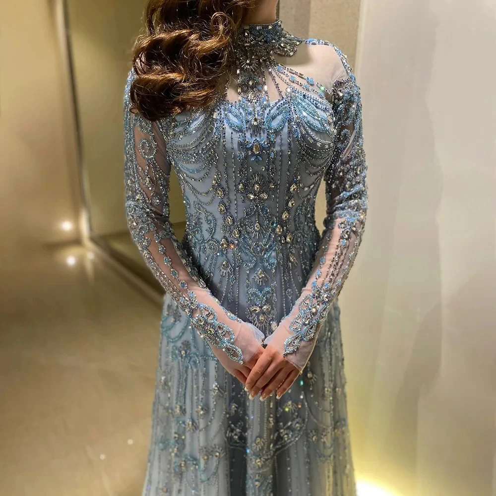

Arabic Blue Lace Beading Evening Dresses A Line Luxury Crystal Sequin Dubai Formal Occasion Wedding Party Prom Gowns Customized