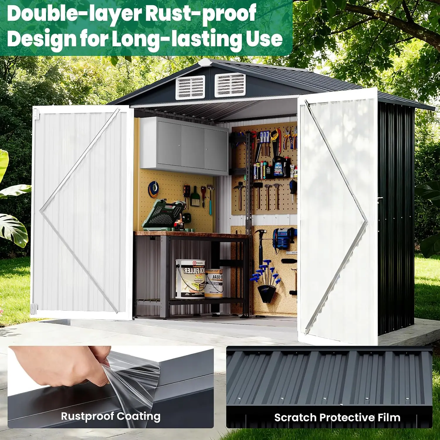6x4 FT Outdoor Storage Shed Weatherproof Lockable Double Doors Sloped Roof Ventilation Backyard Patio Poolside, Customized