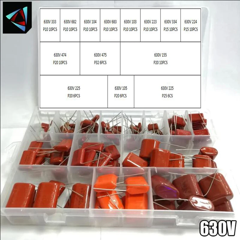 630V 128szt/pudełko 24 rodzaje 333 682 104 683 103 223 334 224 474 684 155 225 105 Zestaw kondensatorów metalowych CBB