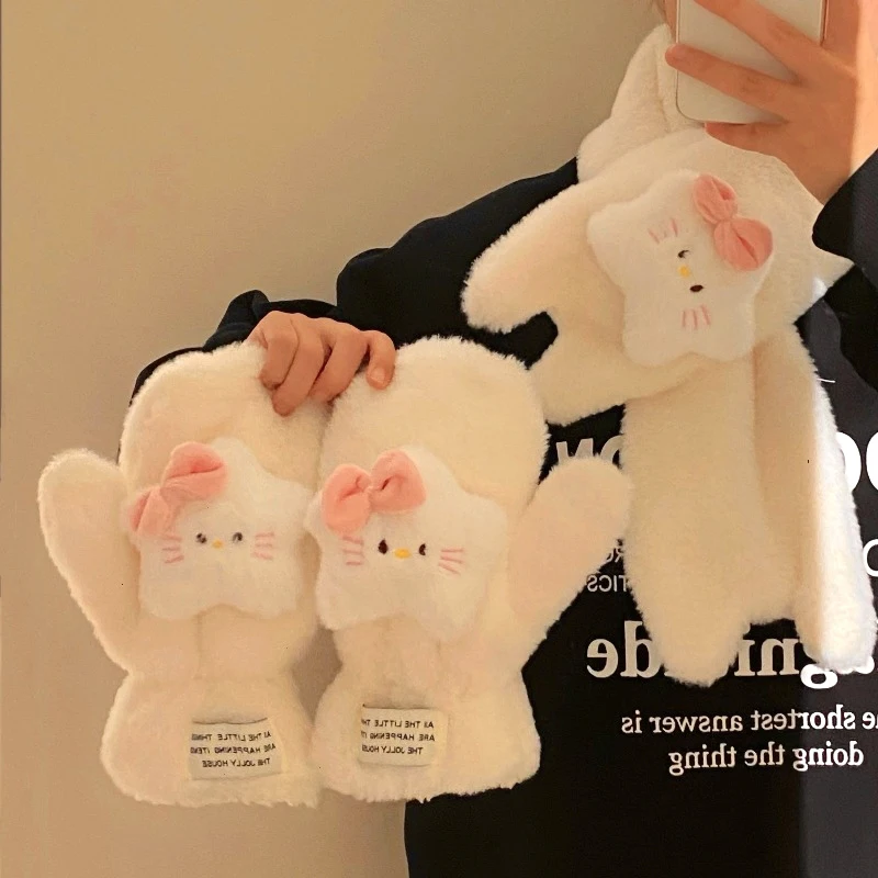 Kawaii Hello Kitty Plush Gloves Scarf Anime Sanrios Kt Cat Thermal Hanging Neck Mittens Winter Keep Warm Glove Girl Gift