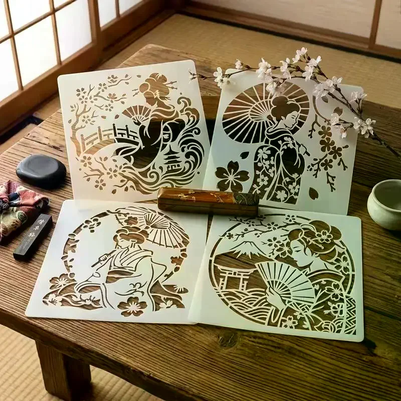 Reusable Japanese Geisha Cherry Blossom Mount Fuji Stencils For DIY Home Wall Fabric Painting 4Pcs