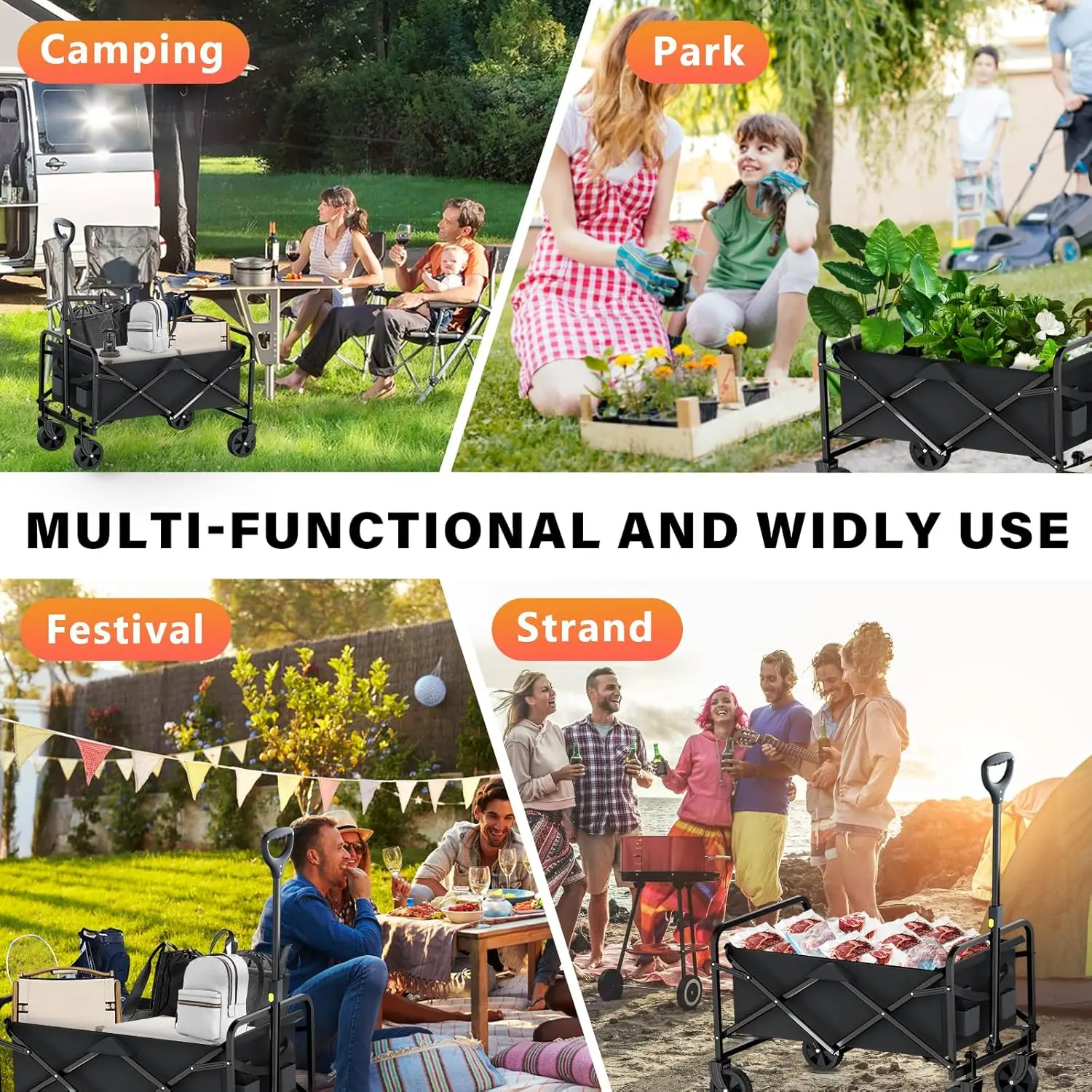 عربة متعددة الأغراض قابلة للطي، عجلات لجميع التضاريس، مقبض قابل للتعديل، حامل أكواب، عربة نقل للطرق الوعرة للتخييم