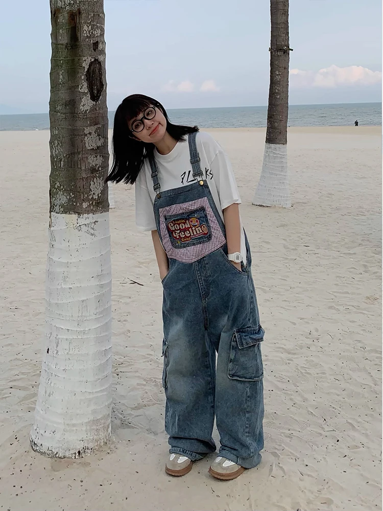 

Ретро-джинсовый комбинезон в американском стиле с вышивкой и пэчворком, свободные широкие брюки-карго, повседневные молодежные трендовые джинсы