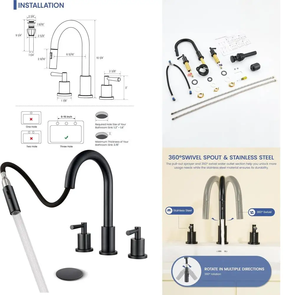 

Matte Black 3-Hole Widespread Sink Faucet with Pull-Down Sprayer and Pop-Up Drain