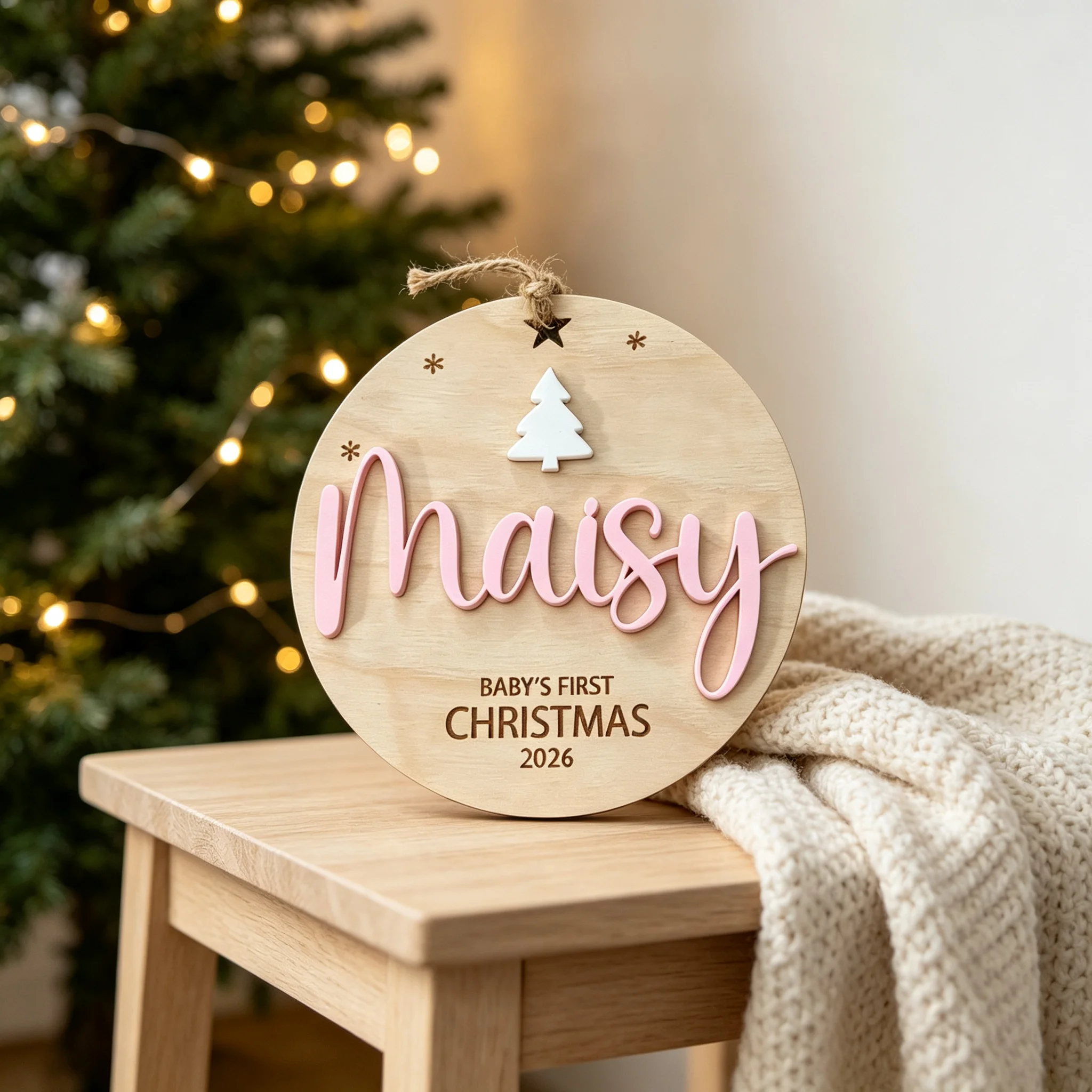 Personalized Baby's First Christmas Wooden Ornament Name Round Wood Plaque 2026 Christmas Tree Hanging Keepsake Newborn Gift