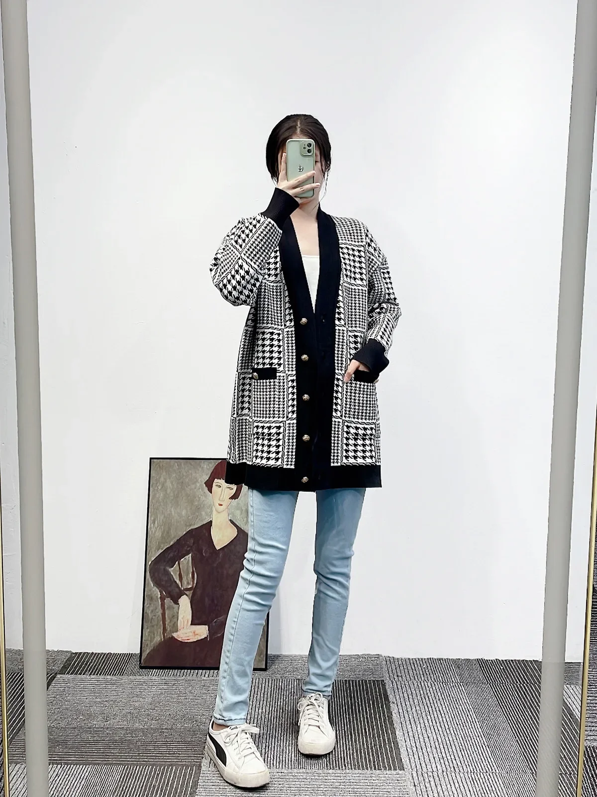 

Women Houndstooth Knitted Cardigan Color Contrast V-Neck Long Sleeve Single Breasted Casual Sweater