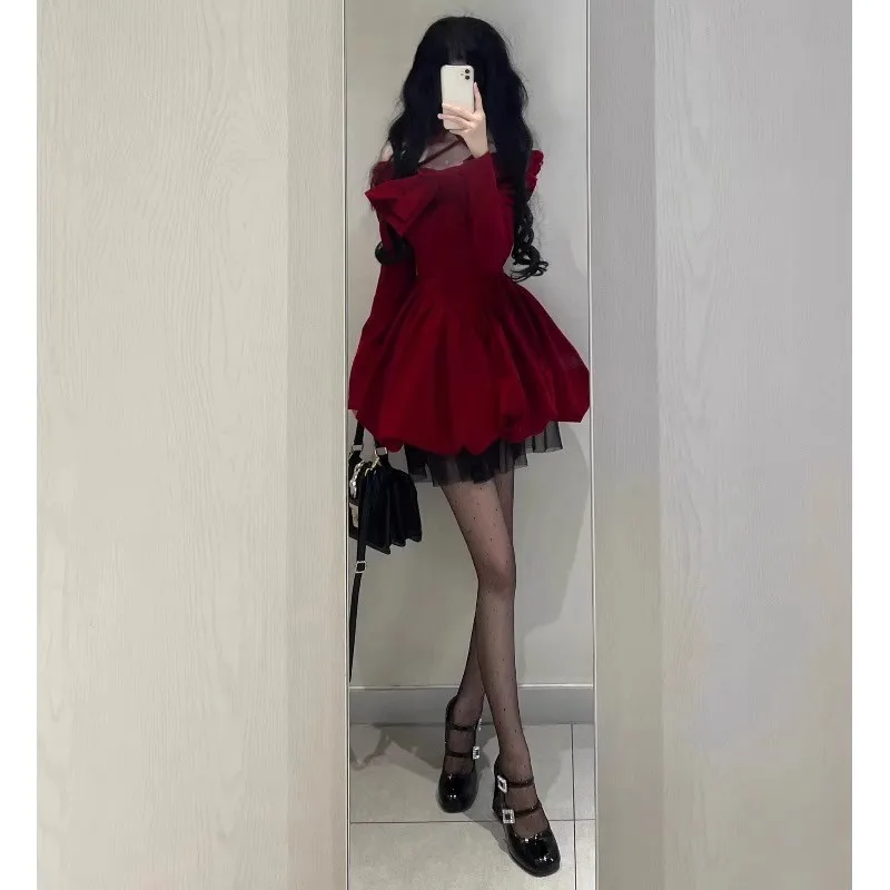 レッドベルベット ワンショルダー ロングスリーブ ドレス 新年衣装 レディース 冬服 ファッション ハイウエスト Aライン ドレス