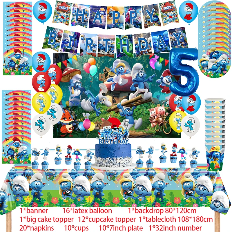 Décorations de fête d'anniversaire Smurf Bleu : Ballons, Bannière, Toile de fond, Décoration de gâteau, Baby Shower