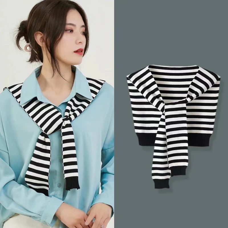 Korean Striped Knitted Shawl Spring Autumn Women Blouse Shoulders Fake Collar Cape Knotted Scarf Small Shawl