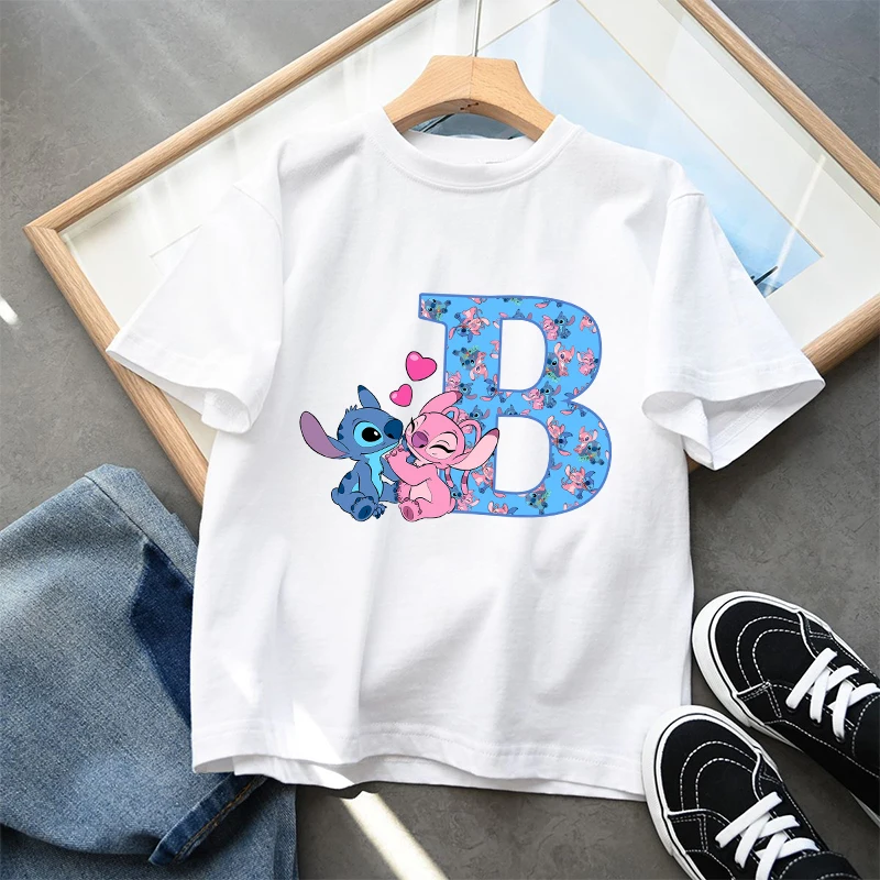 Stitch Disney Kids T Shirt Clothes Tops Children\'s Clothing Letter A-Z Summer Cute Cotton Short Sleeve Tee New Boys Girls Gifts