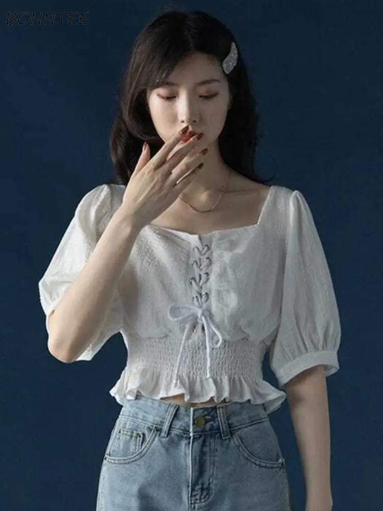 Women Blouse Sweet Bandage Trendy Puff Sleeve Simple Solid All-match Korean Style Ruffles Daily Girls Elegant Summer Ins Design