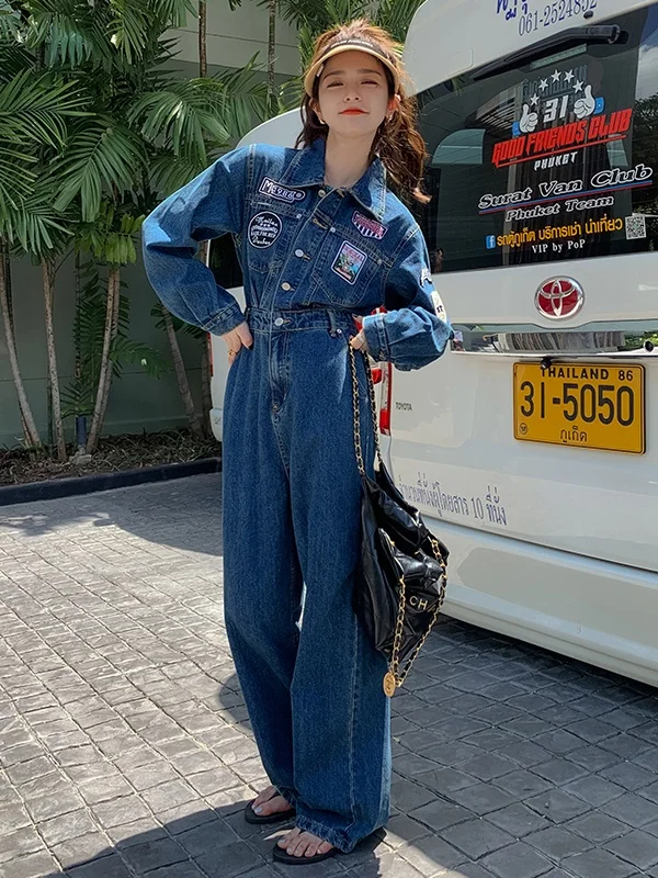 

Blue Denim Overalls Women's Spring Autumn Cool Trendy Workwear Suiting Outfit High Waist Cargo Pants Street Sle Guf Pink