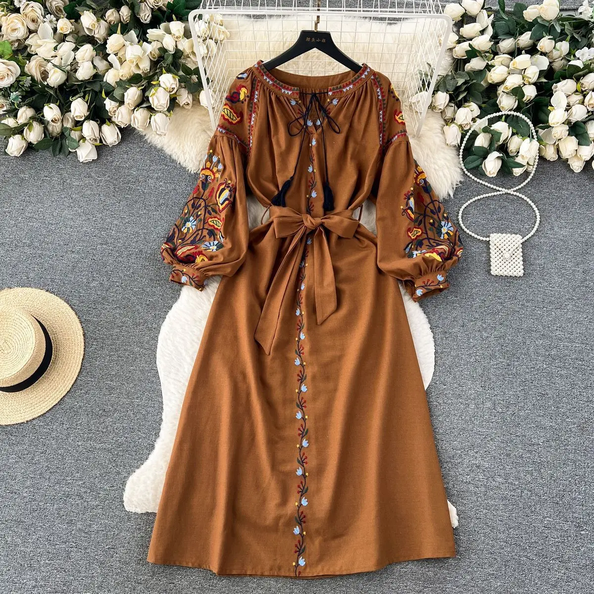 Vintage Boho Lantern Sleeve Embroidered Wrap Dress Traditional Mexican Shirts for Women Tunic Dresses