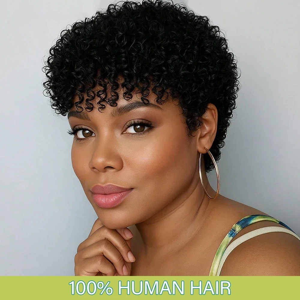 Afro Curly Wave Human Wig Short Pixie Cut Wig Fluffy Jerry Curly Wigs for Women Human Hair Wig Machine-Made 180% Density