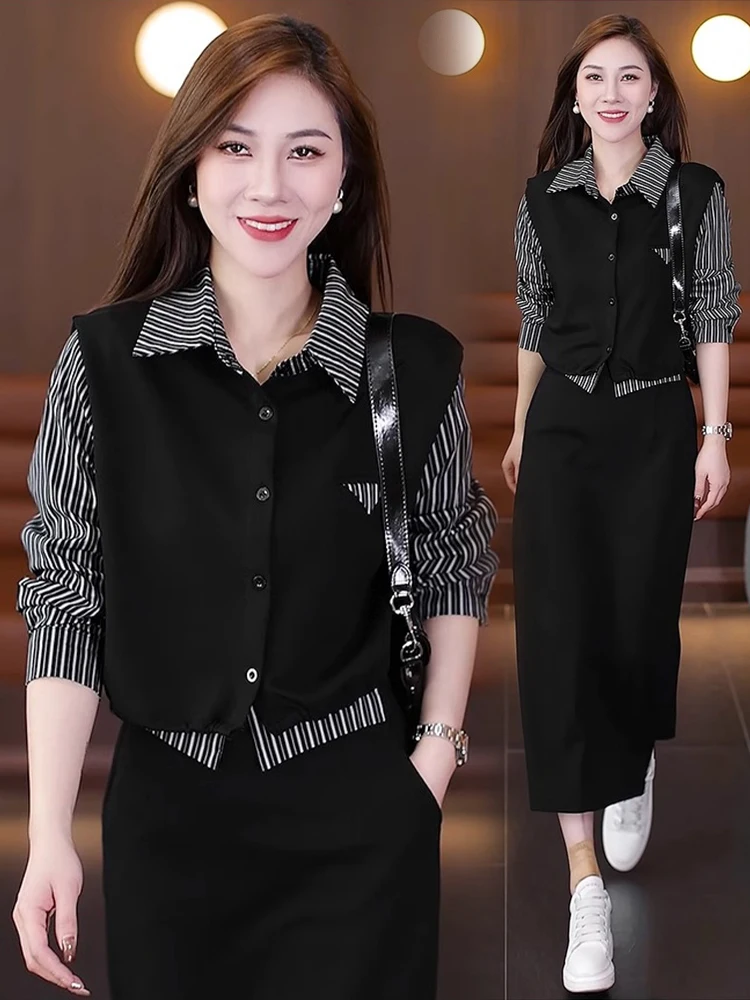 

Faionable Stripe irt And Vest Set Women's Slimming Two-Piece Suit Autumn Long Sve Commute Sle Casual Mid-Length Skirt