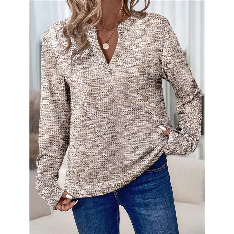 เสื้อท็อปผ้าวาฟเฟิลถักสำหรับผู้หญิง คอวี แขนยาว เสื้อเชิ้ต Henley ดีไซน์ลำลอง เสื้อผ้าแฟชั่นฤดูใบไม้ร่วง 2025