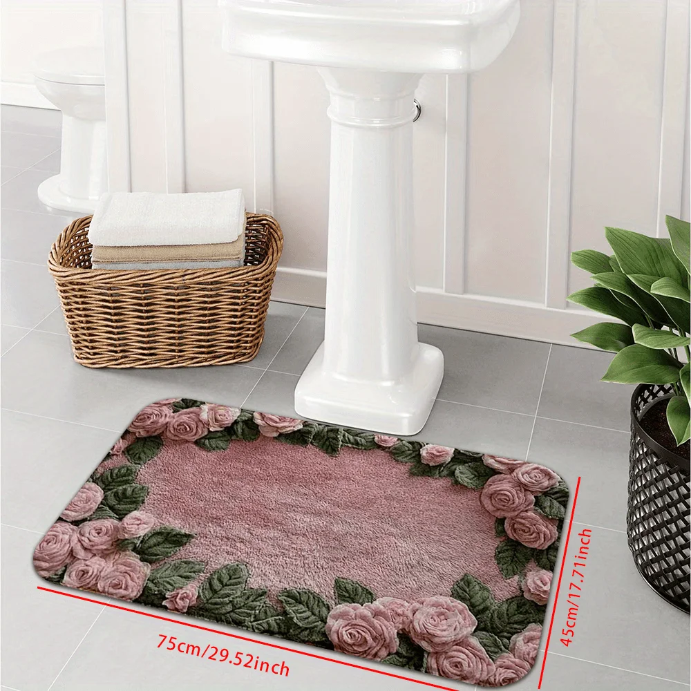 Pink Rose Floral Flannel Rug Printed Bathroom Mat Romantic Design Home Decor Soft Texture Toilet Floor Mat Flower Pattern