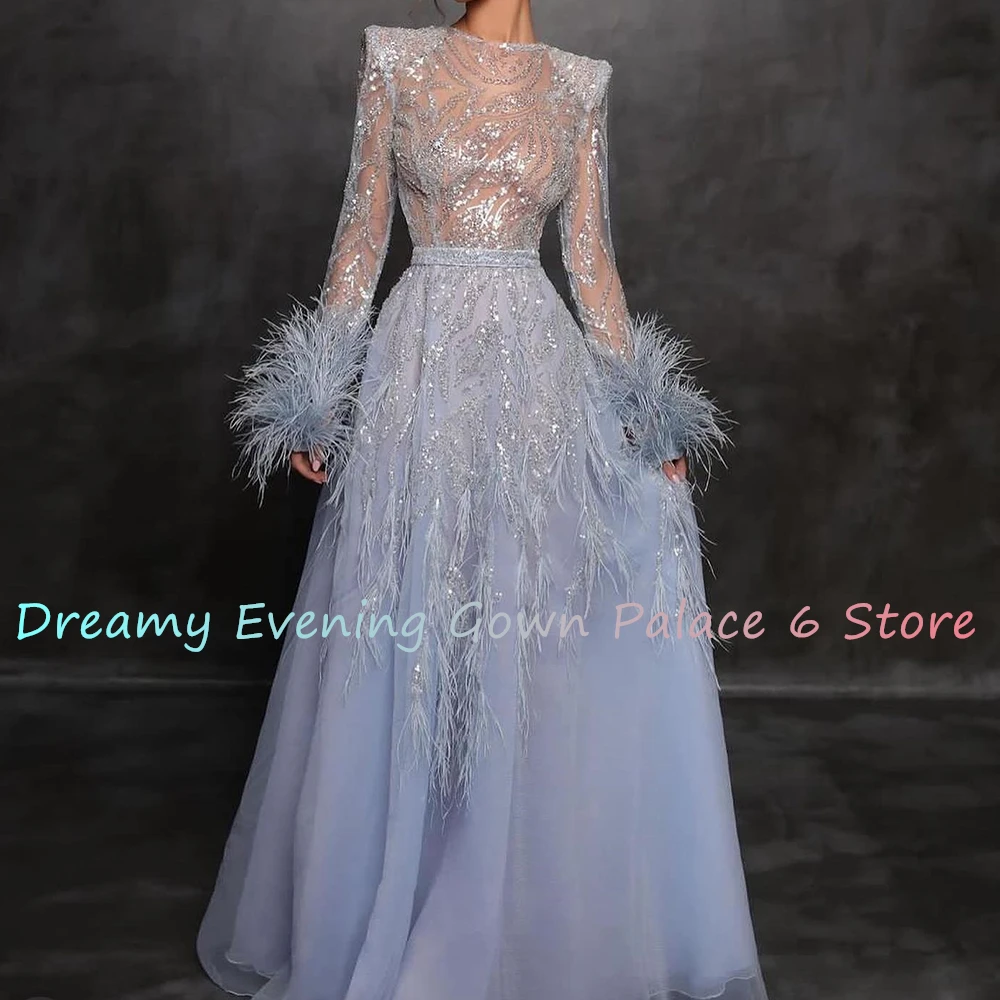 Customized Sexy Organza A-Line Feathers Sequined Evening Dress High Quality Floor Length Long Sleeves vestidos para mujer