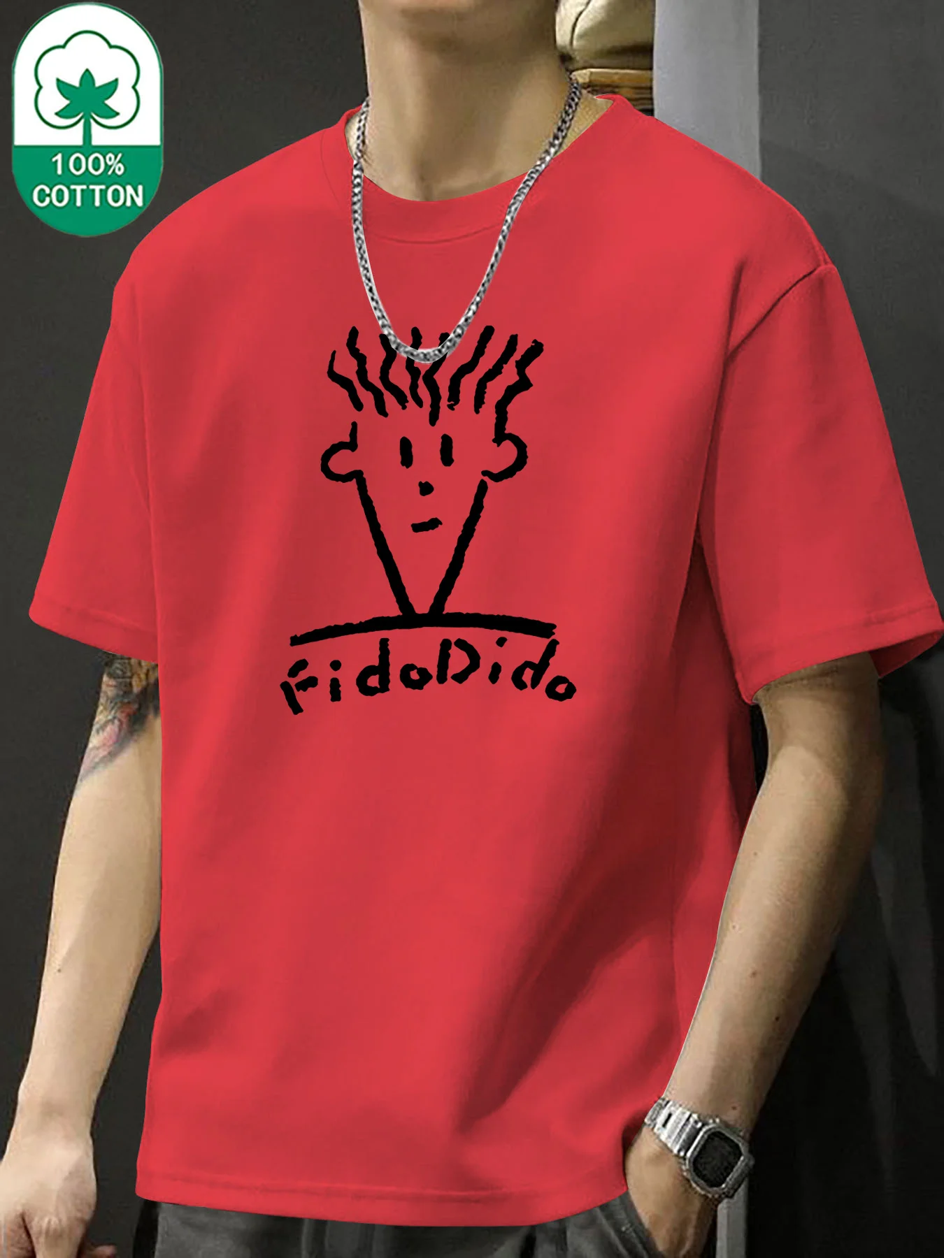 

Тяжелая хлопковая футболка с графическим принтом Fido Dido, повседневная спортивная футболка обычного кроя с круглым вырезом для повседневной одежды