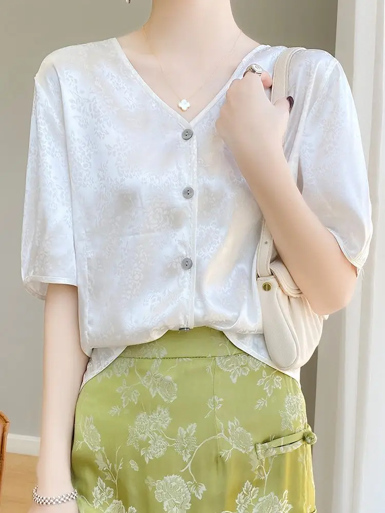 자카드 새틴 실크 블라우스 여성 반팔 루즈 셔츠 여성 레트로 중국 빈티지 에티닉 스타일 탑 오버 사이즈