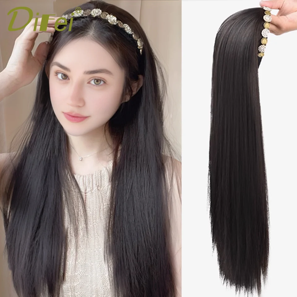 DIFEI Synthetic Wig Female Hairband Wig One-piece Long Straight Hair Classical Natural Long Straight Hair Half Head Hairband Wig