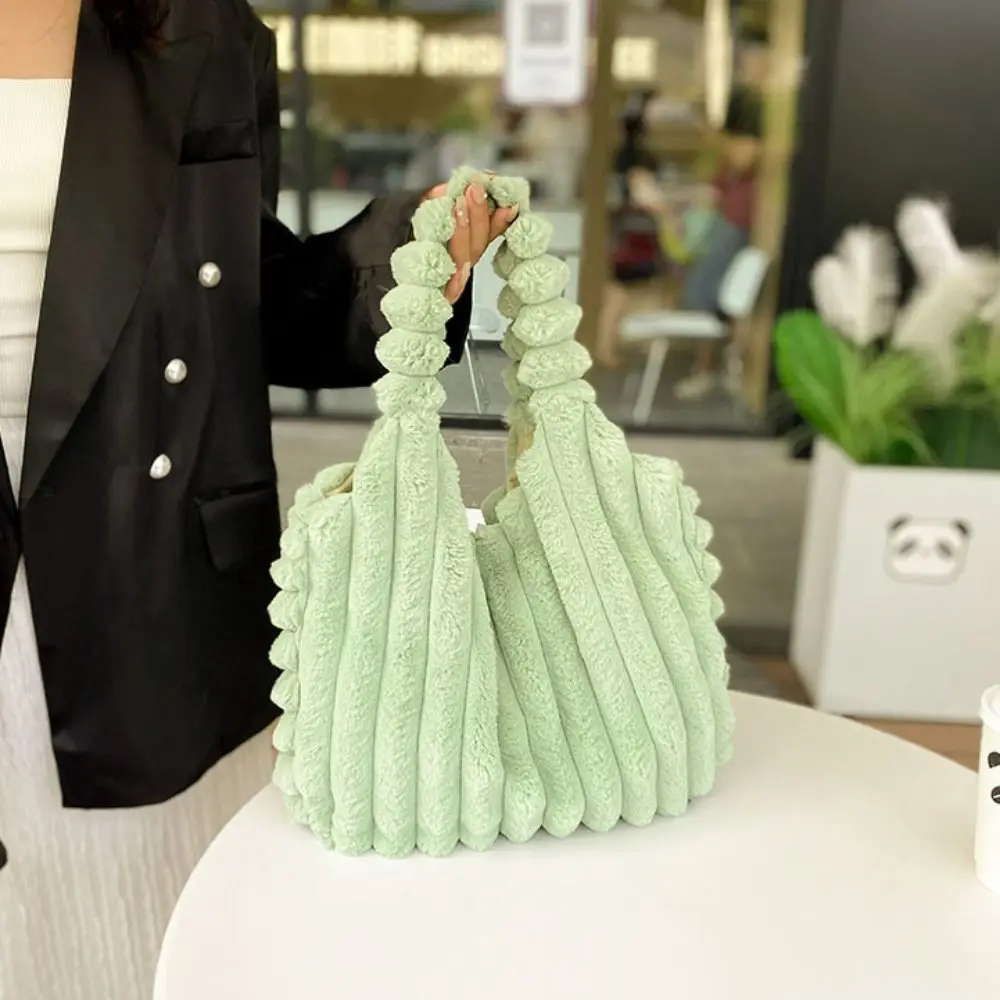 Solid Color Plush Handbag Kawaii Large Capacity Korean Style Plush Shoulder Bag Lunch Bag Storage Bag Plush Tote Bag Autumn