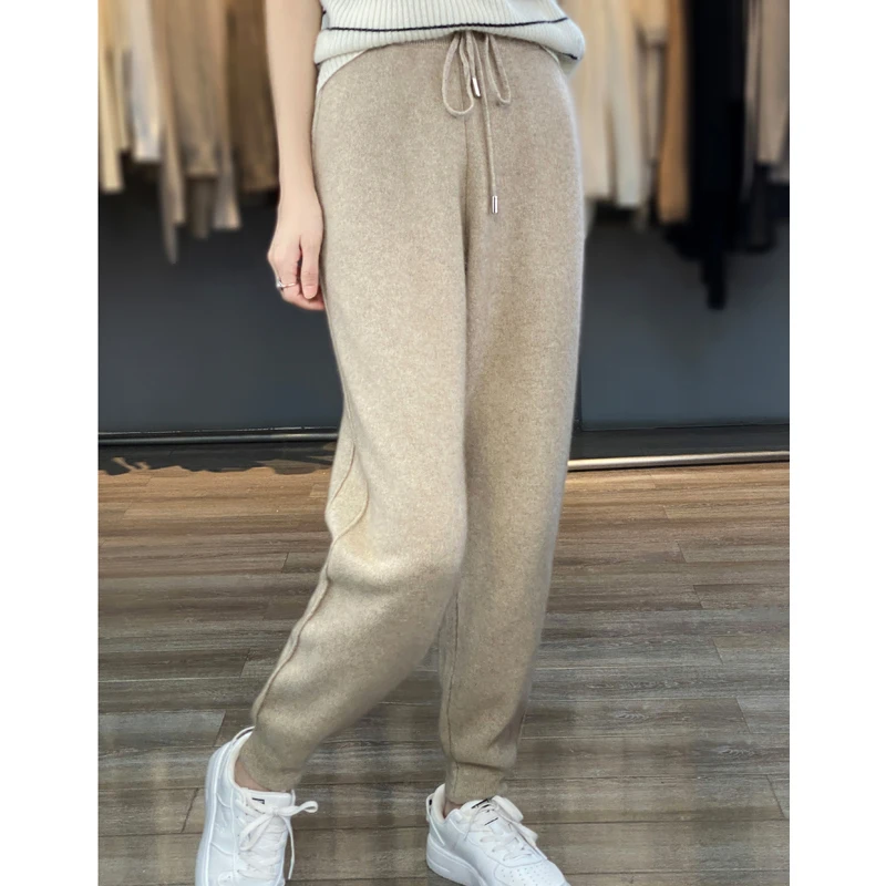 100% pure wool pants women wear thick knitted feet pants in autumn and winter, casual high waist and slim solid color cashmere p