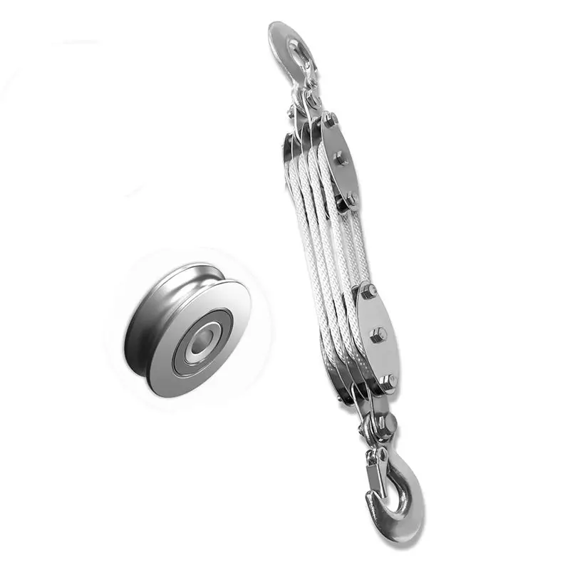 RABIT AS59~ Block And Tackle Pulley System, 4-Wheel Rope Pulley Hoist, 2200LB Work Load With 65Ft Of 1/4 Inch Rope, Compact Rope