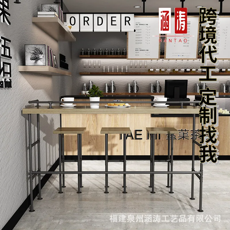 Cross-border antique style bar table simple against the wall long strip high table milk tea shop bar