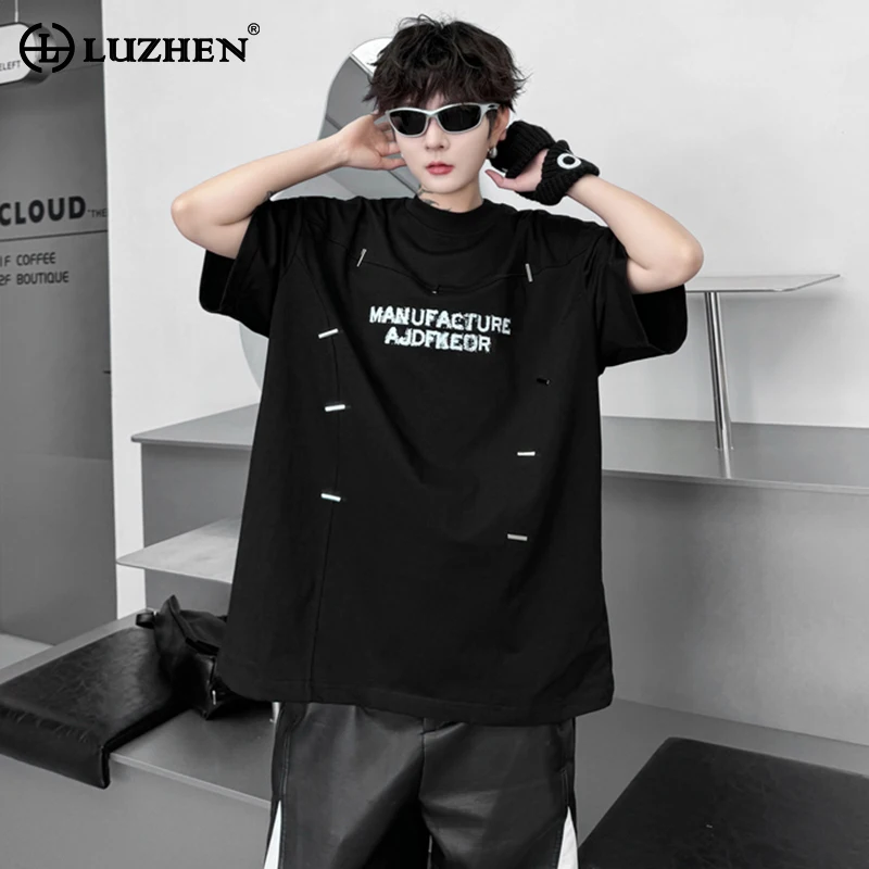 

LUZHEN Metal Decorate Letter Printed Trendy Short Sleeved R Shirts Summer Original Fashion Street High Quality Men's Tops LZ3474