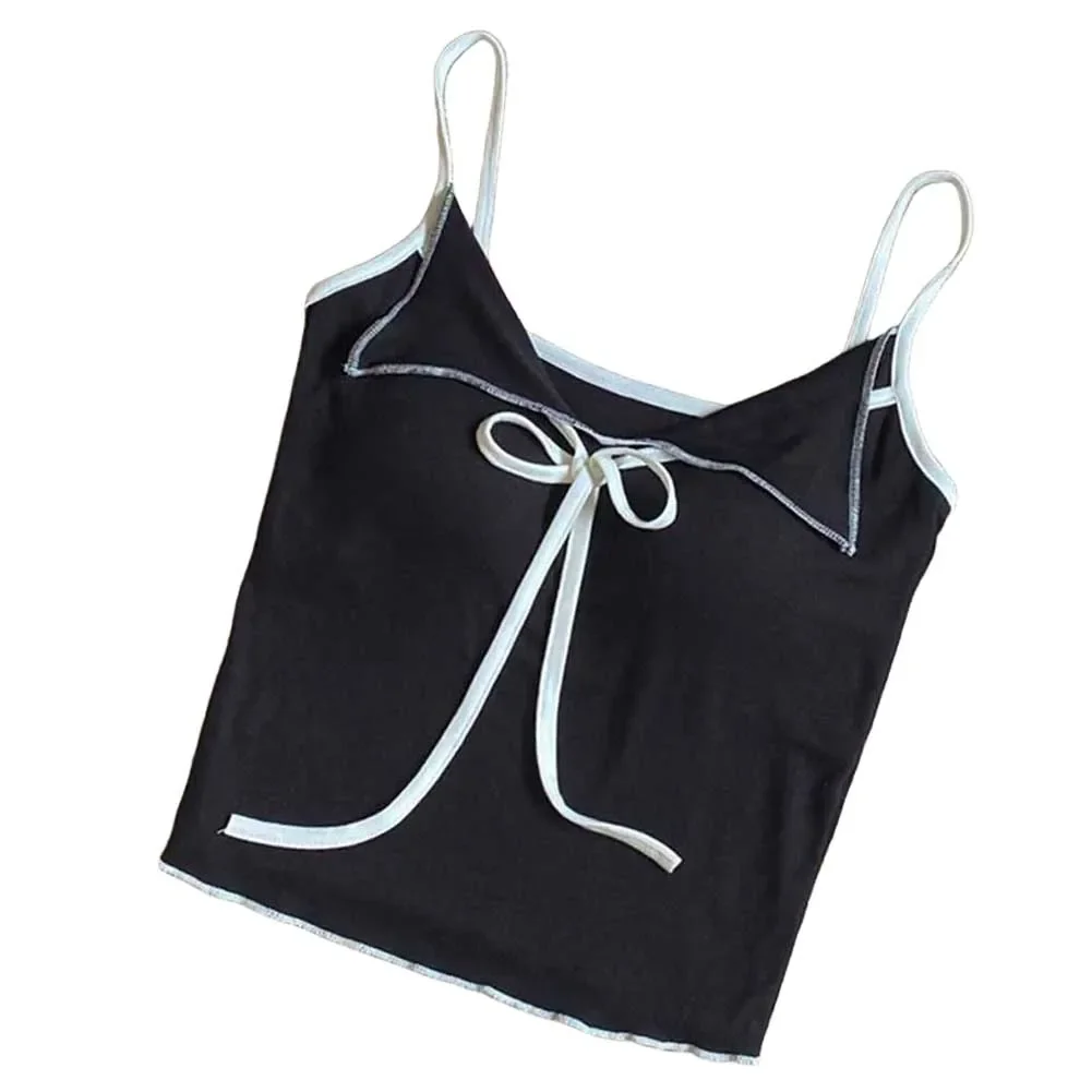Bow Sleeveless Top Built In Bra Cotton Fabric Moderate Elasticity Regular Length Fit Simple Style Solid Color Top