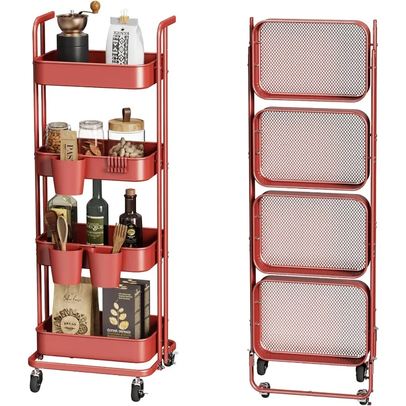 4 Tier Foldable Rolling Cart, Metal Utility Cart with Lockable Wheels, Folding Storage Trolley for Living Room, Kitchen,Bathroom