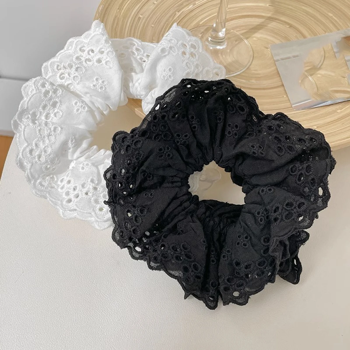 Super Beautiful Lace Hollow Lace Large Intestine Hair Band Rubber Band Hair Rope Head Rope French Vintage Hair Accessories